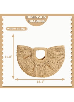 QTKJ Rattan Handbag, Semi-Circular Woven Beach Bag for Women - Handmade, Perfect for Vacation Travel & Daily Use (Khaki)  - Image 2