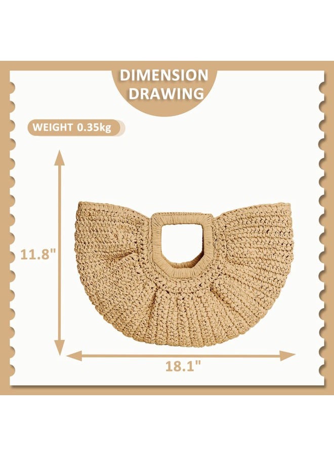 QTKJ Rattan Handbag, Semi-Circular Woven Beach Bag for Women - Handmade, Perfect for Vacation Travel & Daily Use (Khaki) - Image 2