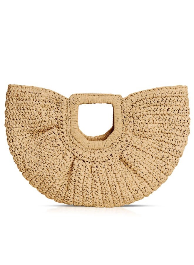 QTKJ Rattan Handbag, Semi-Circular Woven Beach Bag for Women - Handmade, Perfect for Vacation Travel & Daily Use (Khaki) - Image 1