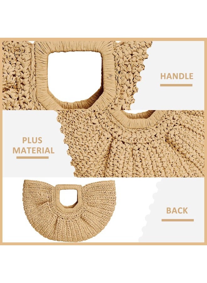 QTKJ Rattan Handbag, Semi-Circular Woven Beach Bag for Women - Handmade, Perfect for Vacation Travel & Daily Use (Khaki) - Image 4