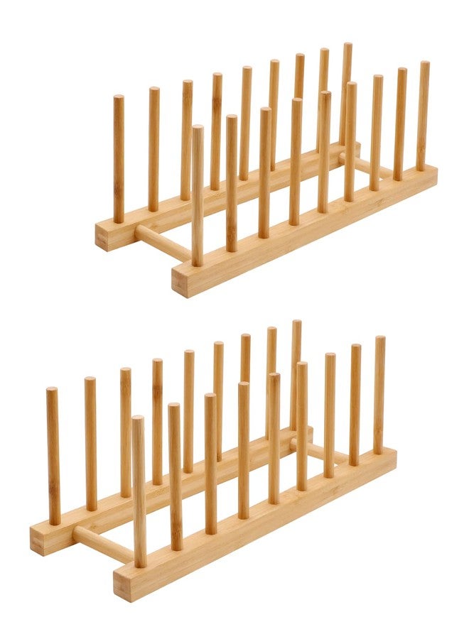 MOAMUN 2PC Bamboo Wooden Dish Drying Rack, 8-Slot Plate Rack Cabinet Dish Stand Organizer for Kitchen Counter, Drainer Storage Holder for Bowl/Cup/Lid/Cutting Board/Book, Space-Saving Design - Image 1
