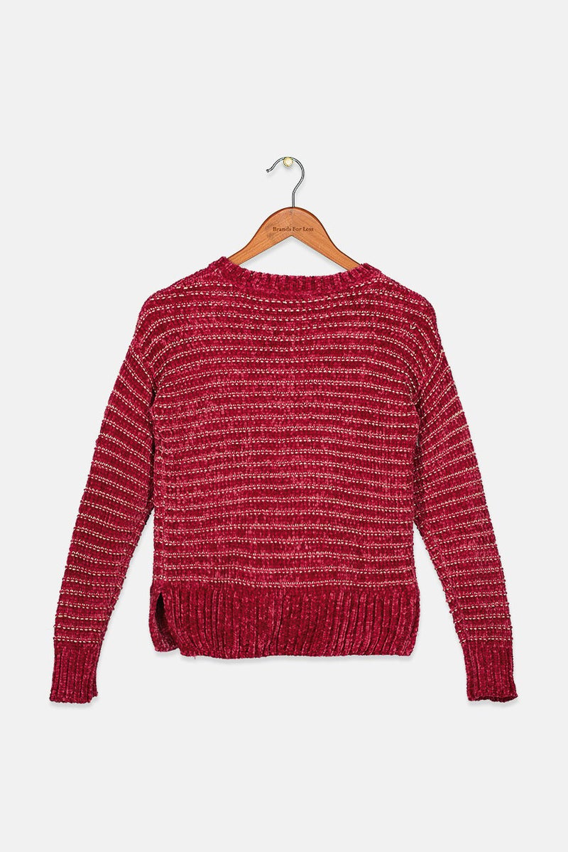 Aqua Kids Girl Crew Neck Metallic Sweater, Burgundy - Image 2