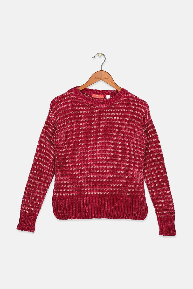Aqua Kids Girl Crew Neck Metallic Sweater, Burgundy - Image 1