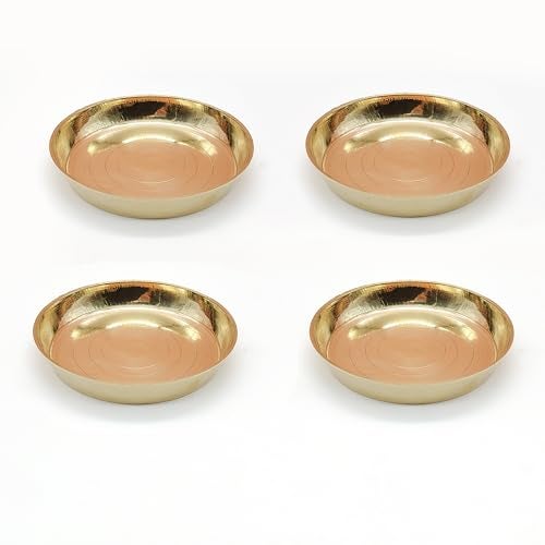 TORPPEZA Brass plain Design heavy plate for store kumkum, haldi, akshat, prashad/heavy small thali for pooja purpose round shape plate (Size - 8.5cm) Pack of 4 - Image 1