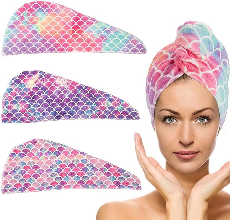 ELECDON Hair Drying Towel, 3 Pack Microfiber Super Absorbent Instant Hair Dry Wrap with Button Anti Frizz Soft Bath Shower Cap Head Towel for Girls Women Ladies Kids Long Thick Hair (Mermaid) - Image 1