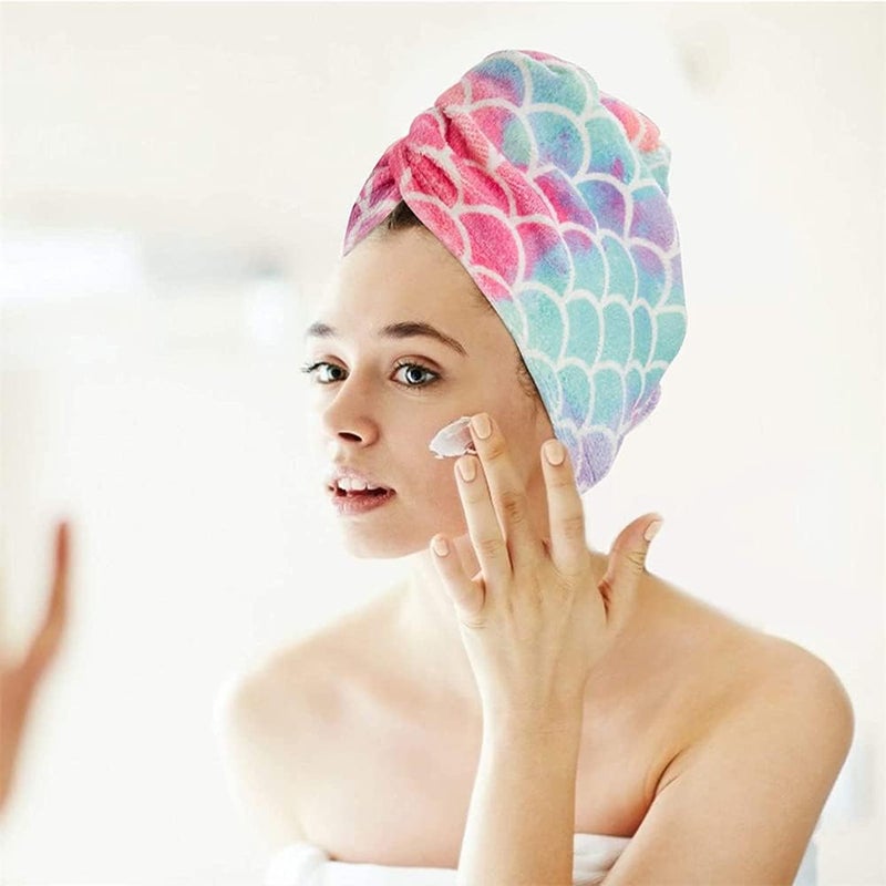 ELECDON Hair Drying Towel, 3 Pack Microfiber Super Absorbent Instant Hair Dry Wrap with Button Anti Frizz Soft Bath Shower Cap Head Towel for Girls Women Ladies Kids Long Thick Hair (Mermaid) - Image 4