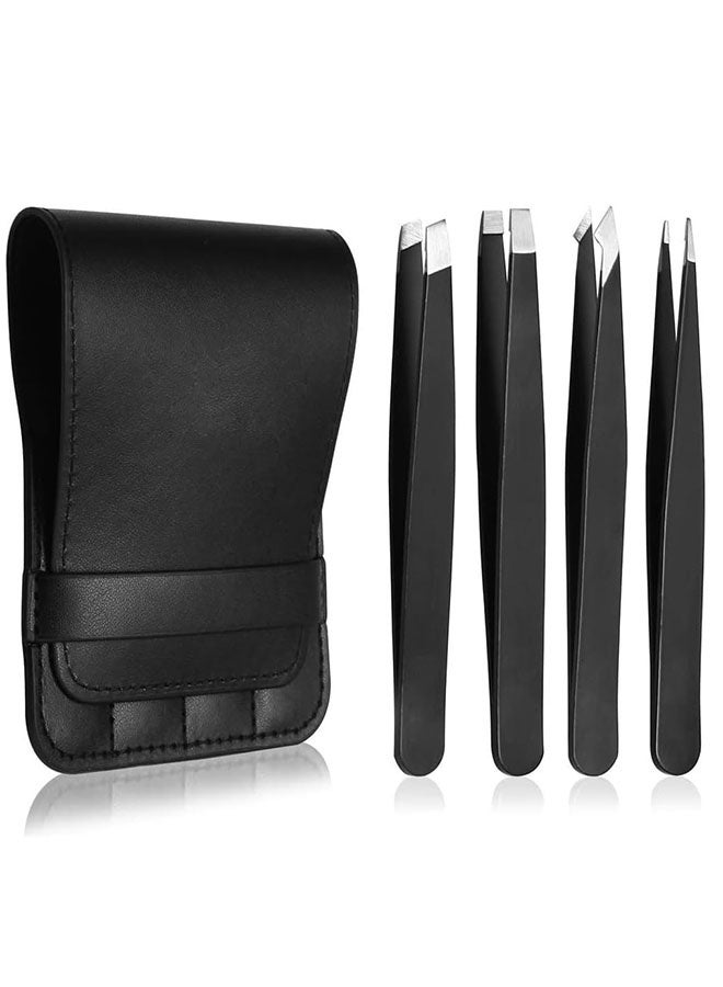 4 Piece Professional Tweezers Set with Storage Case, Stainless Steel Eyebrow, Facial Hair and Splinter Removal Tool, Great Precision for Facial Hair Removal for Men and Women - Image 1