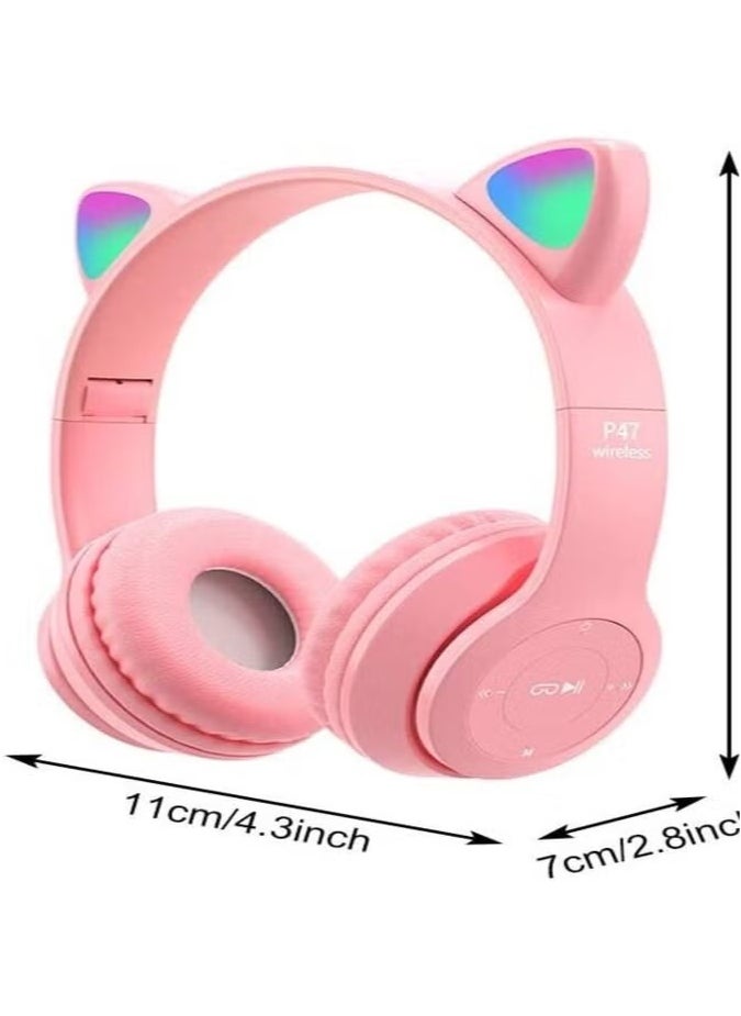 P47 Cat Ear Headphones for Girls Women Kids with Microphone 85dB Safe Sound Foldable for Online Learning Travel Cell Phone Support 3.5mm - Kids Wireless Over Ear Headphone - Pink Color  - Image 2