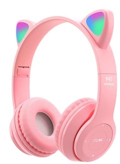 P47 Cat Ear Headphones for Girls Women Kids with Microphone 85dB Safe Sound Foldable for Online Learning Travel Cell Phone Support 3.5mm - Kids Wireless Over Ear Headphone - Pink Color  - Image 1