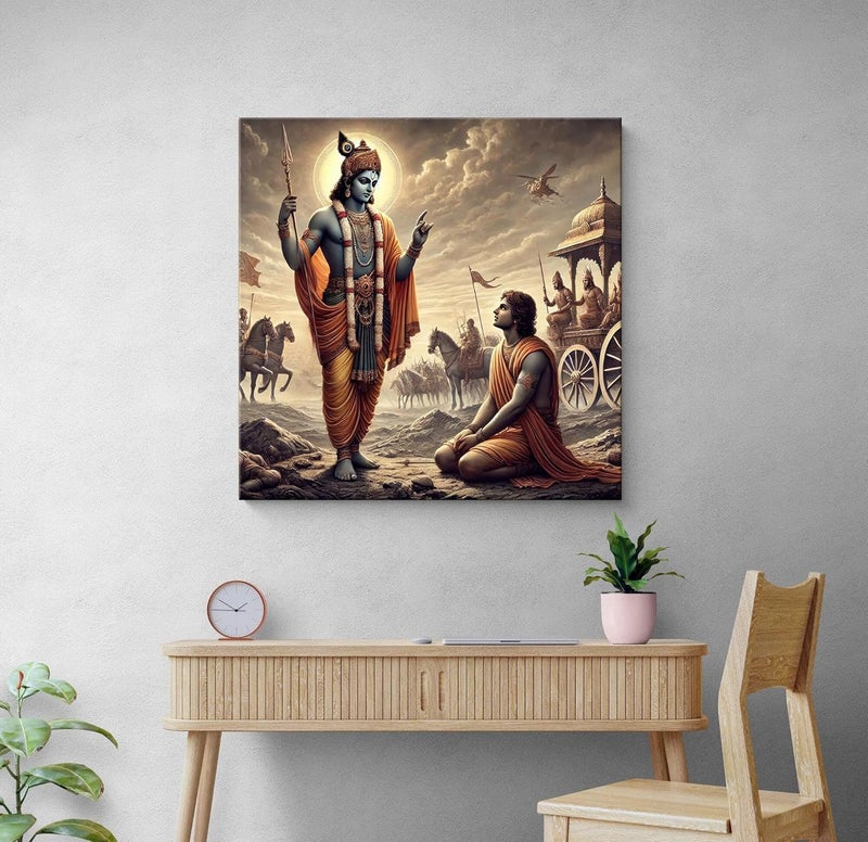 999STORE Krishna Delivering the Bhagavad Gita to Arjuna on the Battlefield Canvas Painting Mahabharata Art Hindu Religious Painting Krishna and Arjuna DecorFLP24X240250