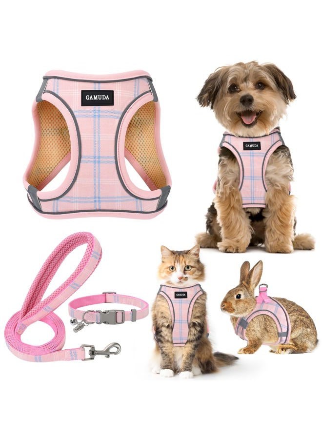 GAMUDA Small Dog Harness Collar and Leash Set, Step in No Chock No Pull Soft Mesh Adjustable Dog Vest Harnesses Plaid Reflective for Dogs Puppy Cats Kitten Rabbit (Pink, M) - Image 1