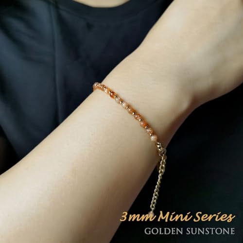 Morchic Natural Sunstone Feldspar Gemstone Adjustable Bracelet for Women, 3mm Tiny Beads Energy Gem Charm Jewelry, Birthday Gift 7.1" - Image 4