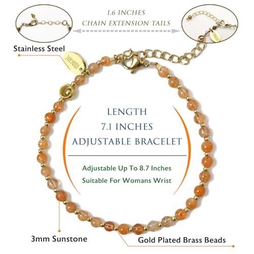 Morchic Natural Sunstone Feldspar Gemstone Adjustable Bracelet for Women, 3mm Tiny Beads Energy Gem Charm Jewelry, Birthday Gift 7.1" - Image 2