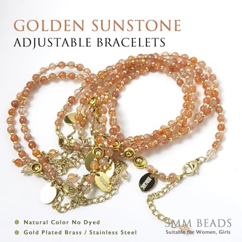 Morchic Natural Sunstone Feldspar Gemstone Adjustable Bracelet for Women, 3mm Tiny Beads Energy Gem Charm Jewelry, Birthday Gift 7.1" - Image 3