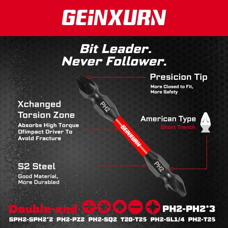 Geinxurn 20Pcs Impact Double End Screwdriver Bit Set, 2.56 in. Mixed Reversible Power Driver Bits, Magnetic S2 Steel Two Sides PH2/T20/T25/SQ2/SL1/4 Screwdriver Bit Tips Set with Storage M-Box - Image 3
