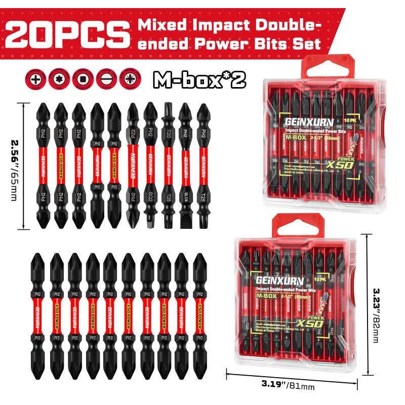 Geinxurn 20Pcs Impact Double End Screwdriver Bit Set, 2.56 in. Mixed Reversible Power Driver Bits, Magnetic S2 Steel Two Sides PH2/T20/T25/SQ2/SL1/4 Screwdriver Bit Tips Set with Storage M-Box - Image 2