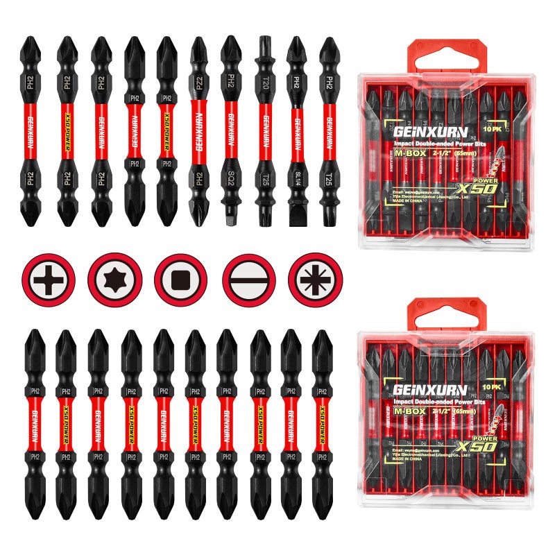 Geinxurn 20Pcs Impact Double End Screwdriver Bit Set, 2.56 in. Mixed Reversible Power Driver Bits, Magnetic S2 Steel Two Sides PH2/T20/T25/SQ2/SL1/4 Screwdriver Bit Tips Set with Storage M-Box - Image 1