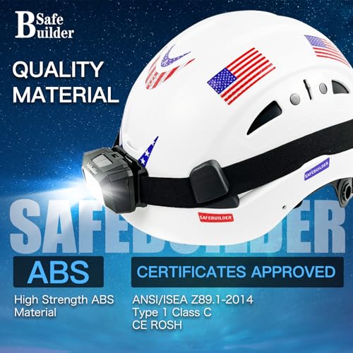 SAFEBUILDER Construction Safety Helmet with Headlight Hard Hat Headlamp Adjustable Ventilation Hardhats Work Head Protection Certified ANSI/ISEA Z89.1 (White Hard Hats + B01 Head Light) - Image 3