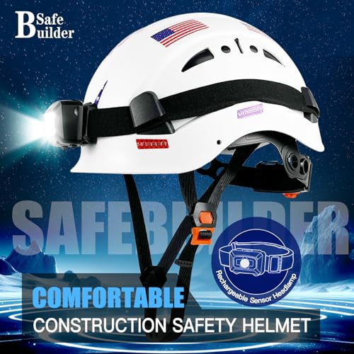 SAFEBUILDER Construction Safety Helmet with Headlight Hard Hat Headlamp Adjustable Ventilation Hardhats Work Head Protection Certified ANSI/ISEA Z89.1 (White Hard Hats + B01 Head Light) - Image 2