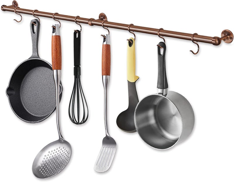 ROTHLEY Hanging Pot Rack Hanger: 39.4 Inch Stainless Steel Pot and Pan Hanger Pot Rack Wall Mounted Hanging Pots and Pans Rack Pot Hangers for Kitchen Wall Kitchen Rail with Hooks (Antique Copper) - Image 1