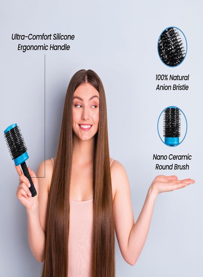 ForPro Professional Collection Expert Stylist Choice Nano Ceramic Hair Brush, 100% Natural Anion Bristle, Silicone Ergonomic Handle, 3" Ceramic Round Brush, Matte Blue - Image 4