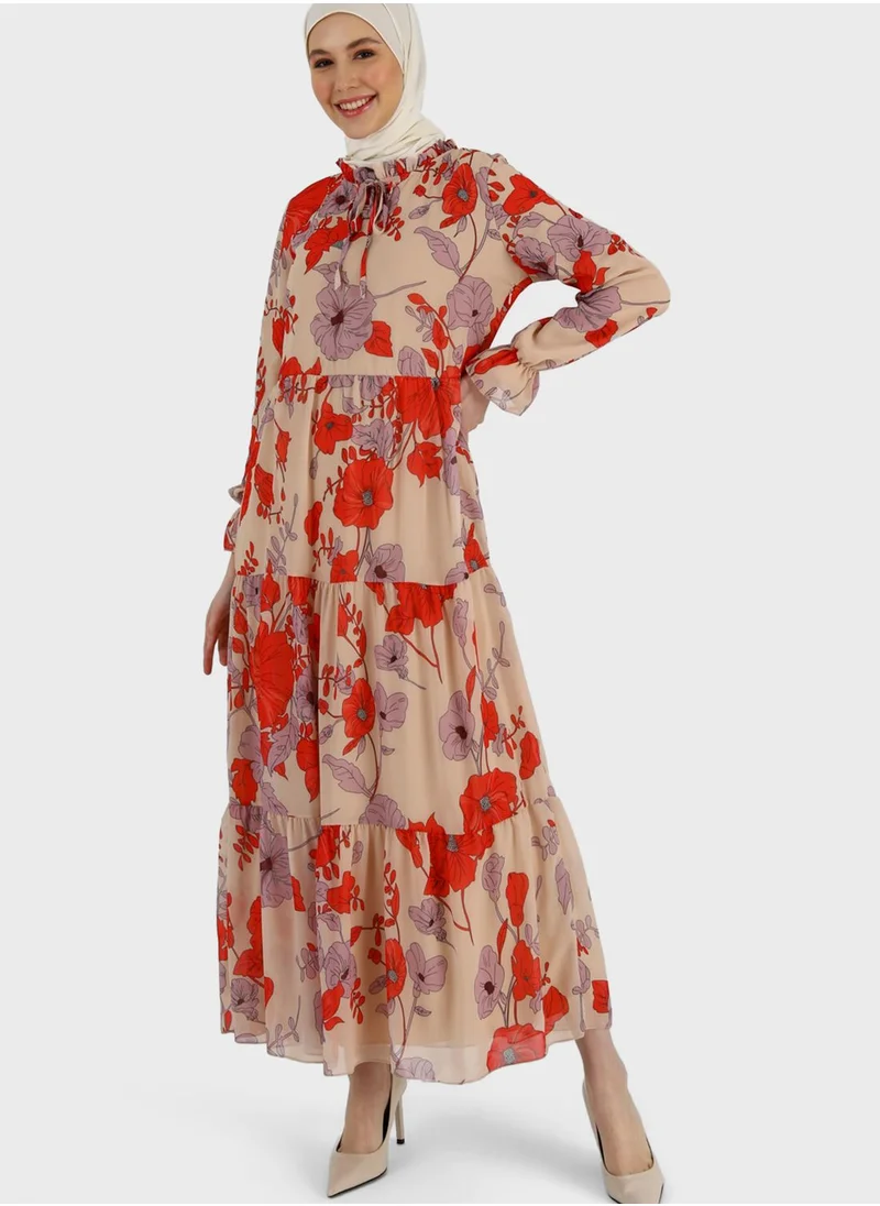 Refka by modanisa Floral Print Tiered Dress