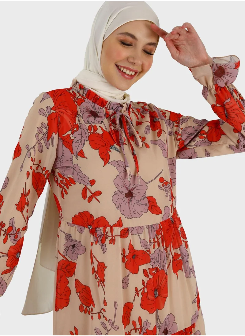 Refka by modanisa Floral Print Tiered Dress