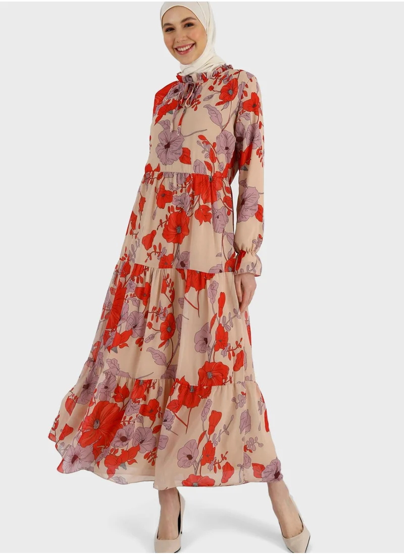 Refka by modanisa Floral Print Tiered Dress