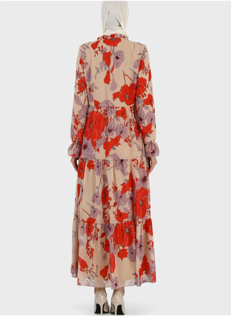 Refka by modanisa Floral Print Tiered Dress