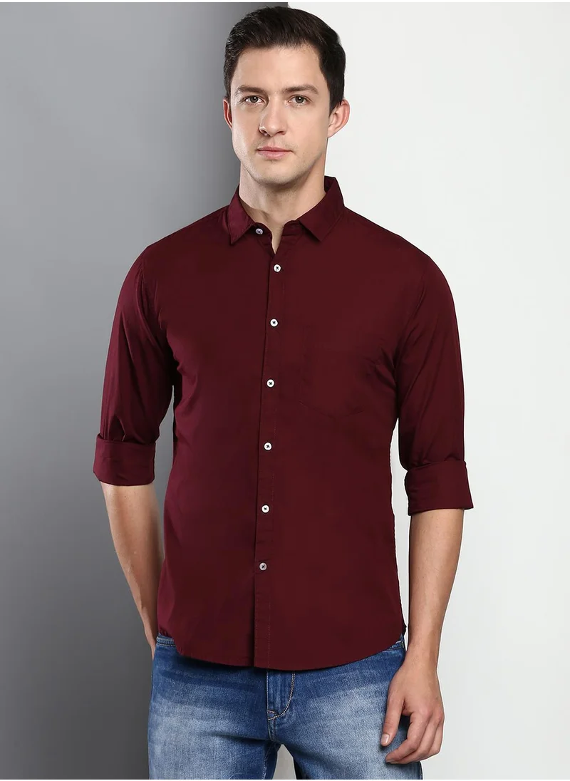 Dennis Lingo Men's Slim Fit Solid Maroon Casual Spread Collar Shirt - 100% Cotton