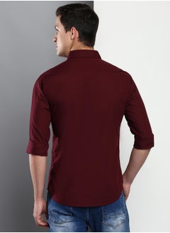 Dennis Lingo Men's Slim Fit Solid Maroon Casual Spread Collar Shirt - 100% Cotton  - Image 3