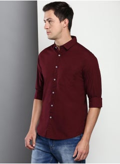 Dennis Lingo Men's Slim Fit Solid Maroon Casual Spread Collar Shirt - 100% Cotton  - Image 2
