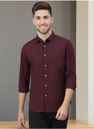 دينيس لينغو Men's Slim Fit Solid Maroon Casual Spread Collar Shirt - 100% Cotton