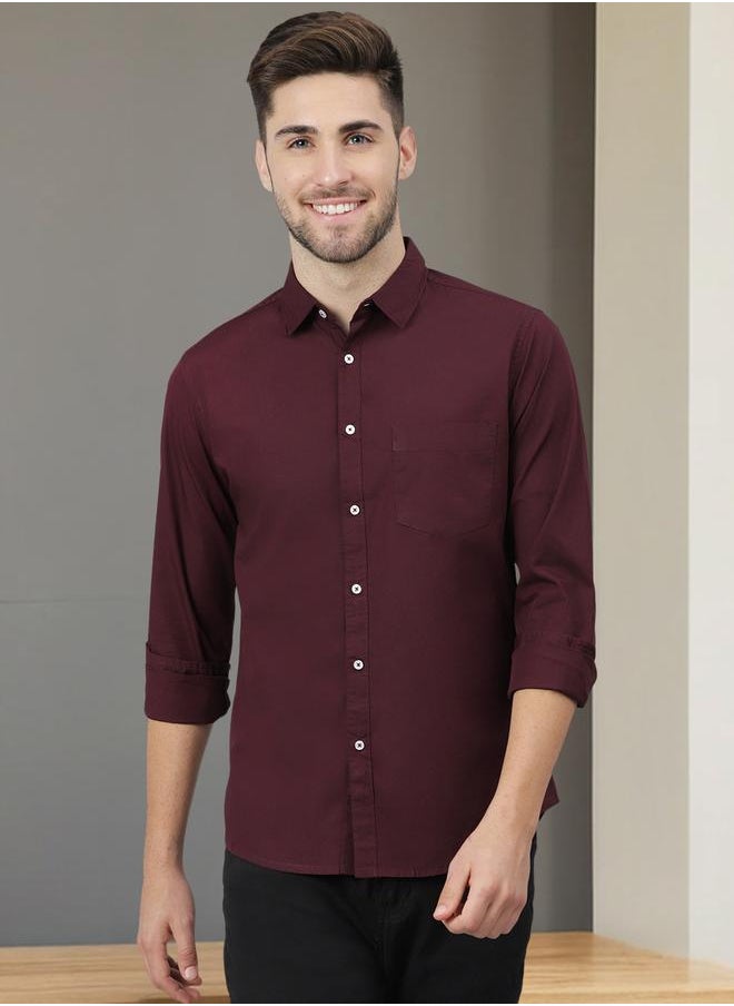 Dennis Lingo - Men's Slim Fit Solid Maroon Casual Spread Collar Shirt - 100% Cotton - Image 1