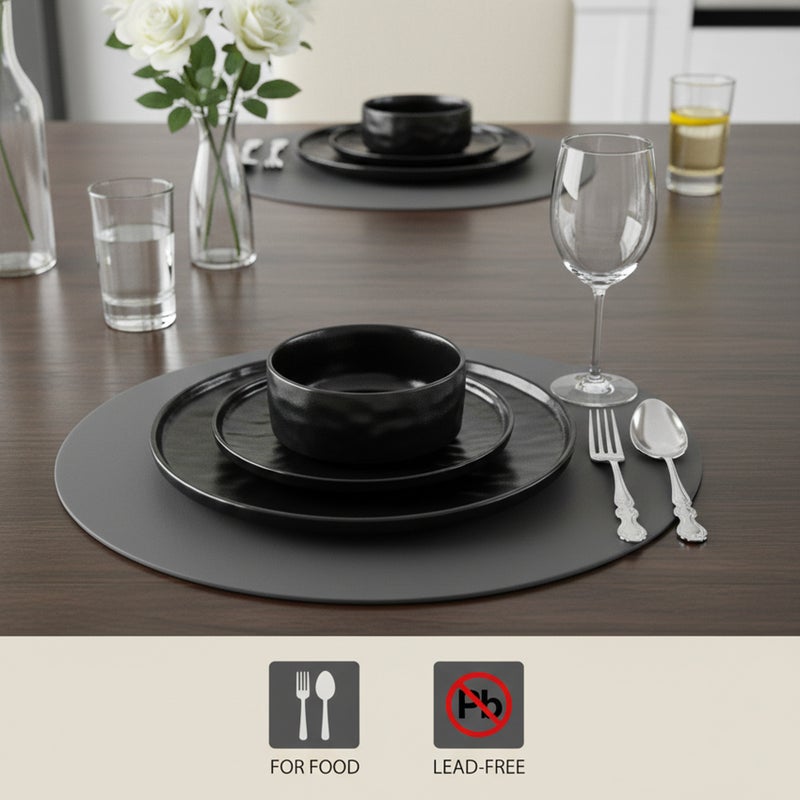 Shallow Stoneware HUA 18 Pc Dinner Set, Black | Hammered Texture Dinnerware Set for 6 People | Plates Bowls & Side Plates Lightweight Stackable Tableware Set for Modern Home Dining - Image 2