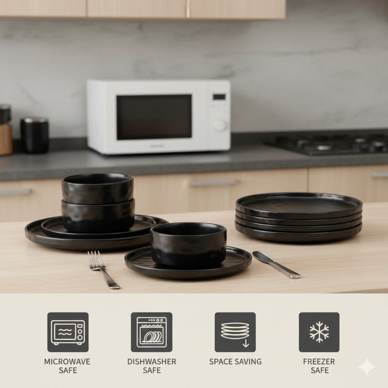 Shallow Stoneware HUA 18 Pc Dinner Set, Black | Hammered Texture Dinnerware Set for 6 People | Plates Bowls & Side Plates Lightweight Stackable Tableware Set for Modern Home Dining - Image 3