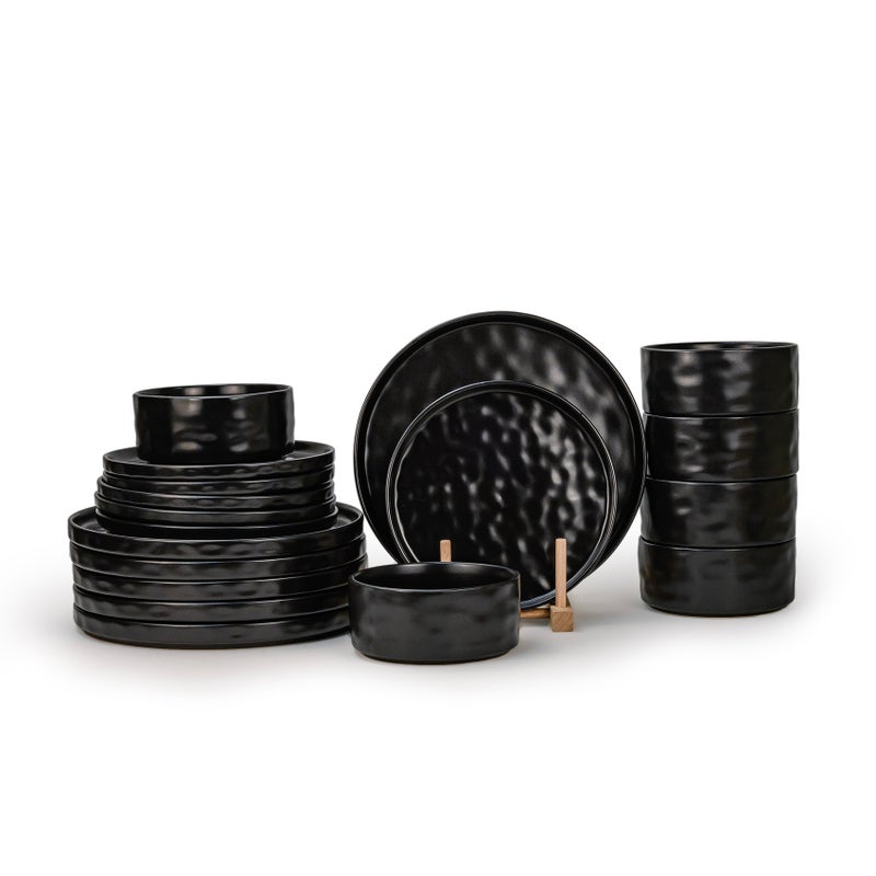 Shallow Stoneware HUA 18 Pc Dinner Set, Black | Hammered Texture Dinnerware Set for 6 People | Plates Bowls & Side Plates Lightweight Stackable Tableware Set for Modern Home Dining - Image 1