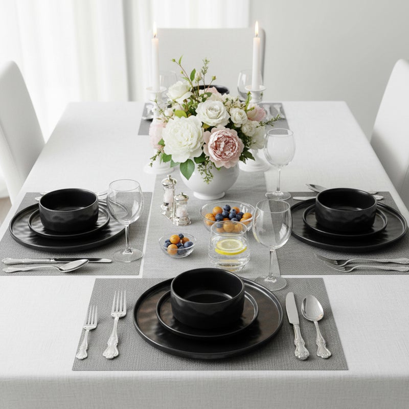 Shallow Stoneware HUA 18 Pc Dinner Set, Black | Hammered Texture Dinnerware Set for 6 People | Plates Bowls & Side Plates Lightweight Stackable Tableware Set for Modern Home Dining - Image 5