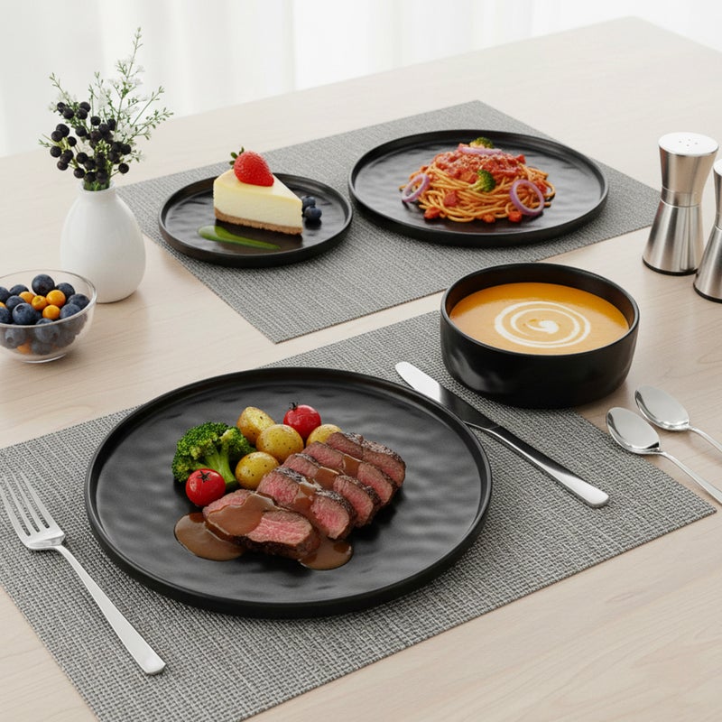 Shallow Stoneware HUA 18 Pc Dinner Set, Black | Hammered Texture Dinnerware Set for 6 People | Plates Bowls & Side Plates Lightweight Stackable Tableware Set for Modern Home Dining - Image 4