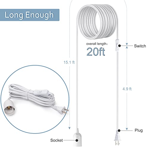 JACKYLED 20Ft UL Approval Extension Hanging Lantern Pendant Light Lamp Cord Cable 360W Suitable for E26 E27 Socket with On/Off Switch for Paper Lantern - Image 2