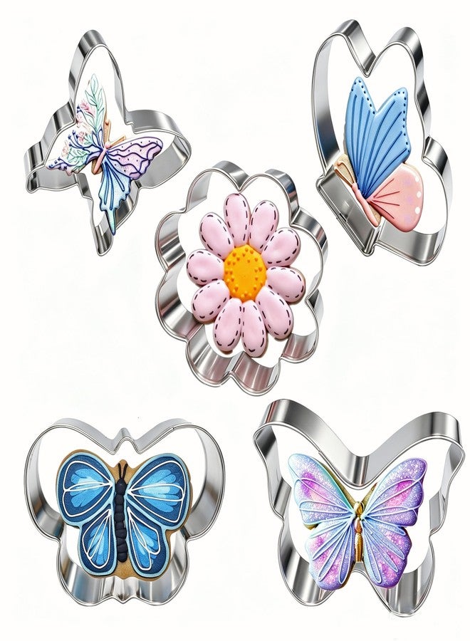 TUZICAKE 5Pcs Butterfly Flower Cookie Cutters Stainless Steel Holiday Cookie Cutter Shapes for Baking Gift Mother's Day, Father's Day, Valentine's Day, Thanksgiving - Image 1
