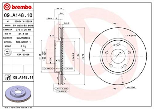 Brembo 09.A148.11 UV Coated vented Front Brake Rotor MITSUBISHI/MITSUBISHI (SOUEAST) OE# MR510966 - Image 2