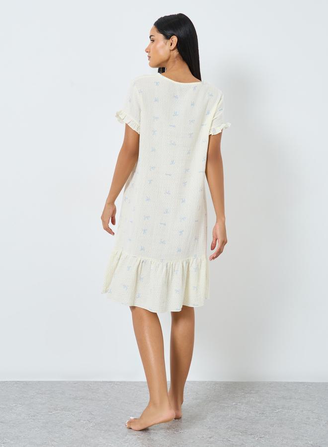 Styli Cotton Gauze Placket Detail Ruffled Nightdress - Image 4