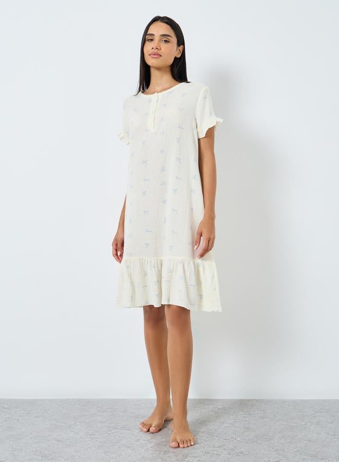 Styli Cotton Gauze Placket Detail Ruffled Nightdress - Image 2