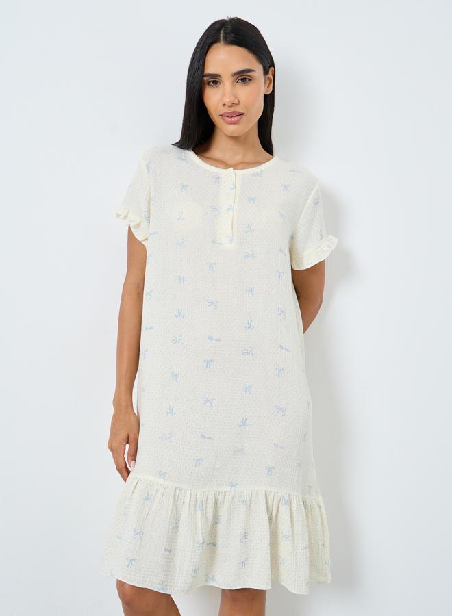 Styli Cotton Gauze Placket Detail Ruffled Nightdress - Image 1
