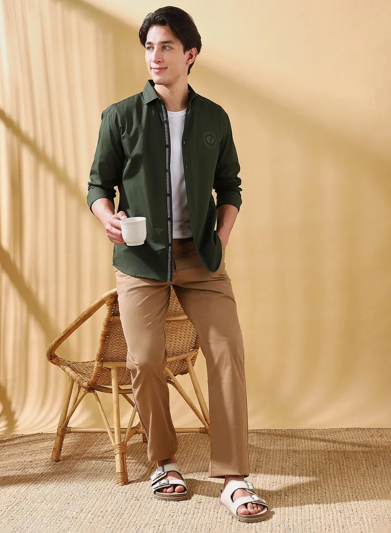 Men's Olive Cotton Solid Button Down Regular Fit Shirt