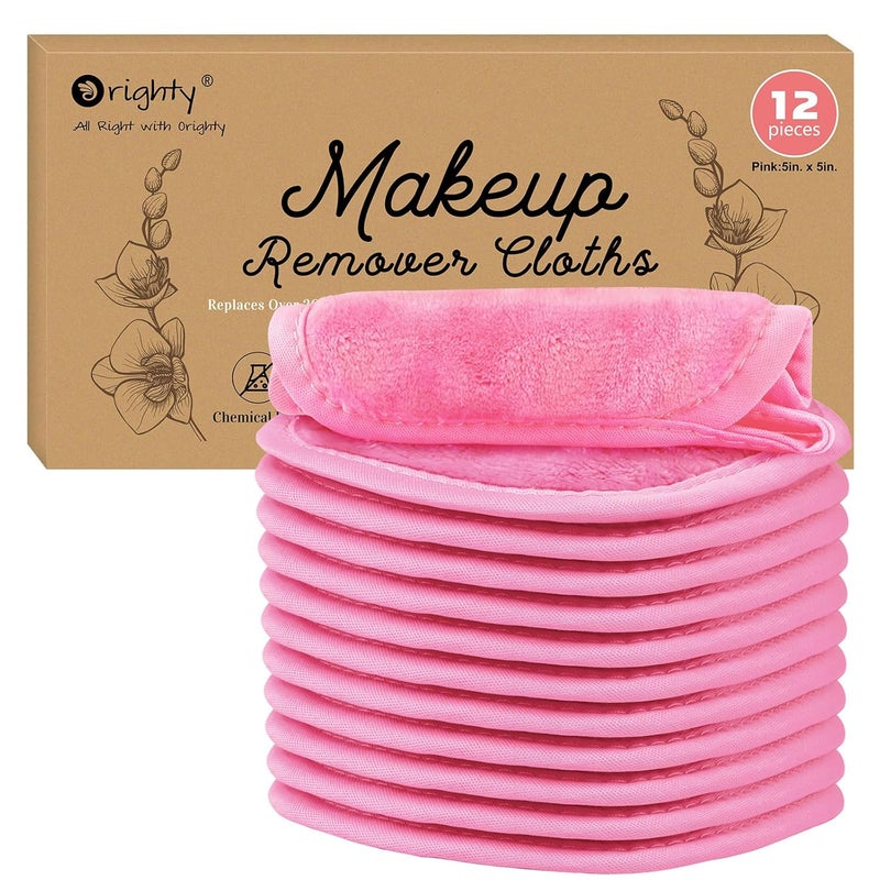 Orighty Makeup Remover Cloths 12 Pack Makeup Removal Face Cleansing Cloth Reusable Makeup Remover Pads Remove Instantly Dirt with Just Water 5 x 5 in Pink