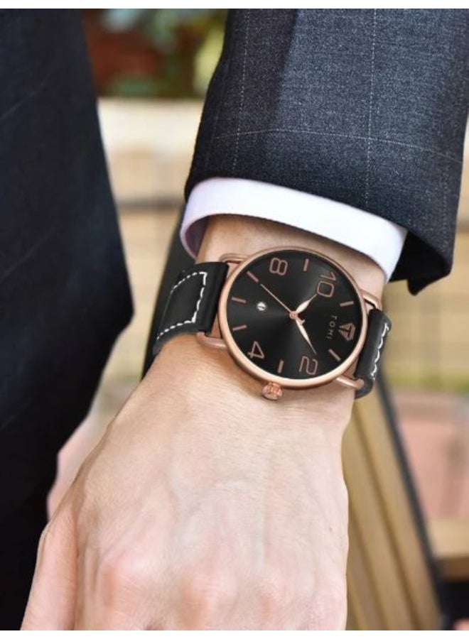 TOMI Men's Luxury Watch, Black and Gold Analog Quartz Wristwatch with Diamond Logo, Black Leather Strap - Elegant Business & Casual Dress Watch - Image 2