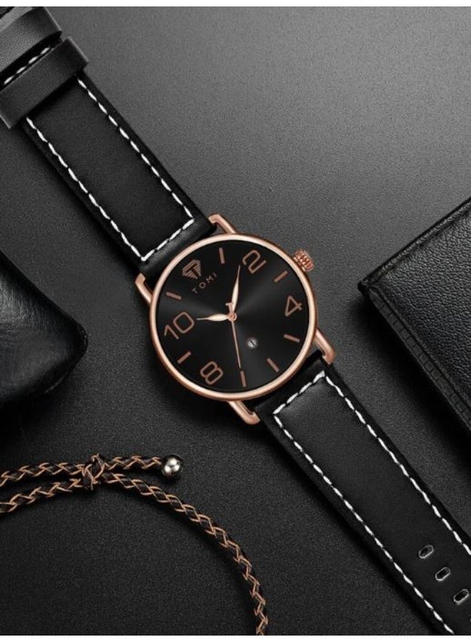 TOMI Men's Luxury Watch, Black and Gold Analog Quartz Wristwatch with Diamond Logo, Black Leather Strap - Elegant Business & Casual Dress Watch - Image 3