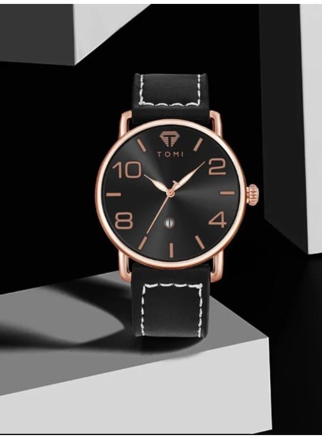 TOMI Men's Luxury Watch, Black and Gold Analog Quartz Wristwatch with Diamond Logo, Black Leather Strap - Elegant Business & Casual Dress Watch - Image 1